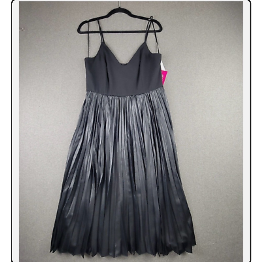 H by Halston black leather look pleated tea length dress